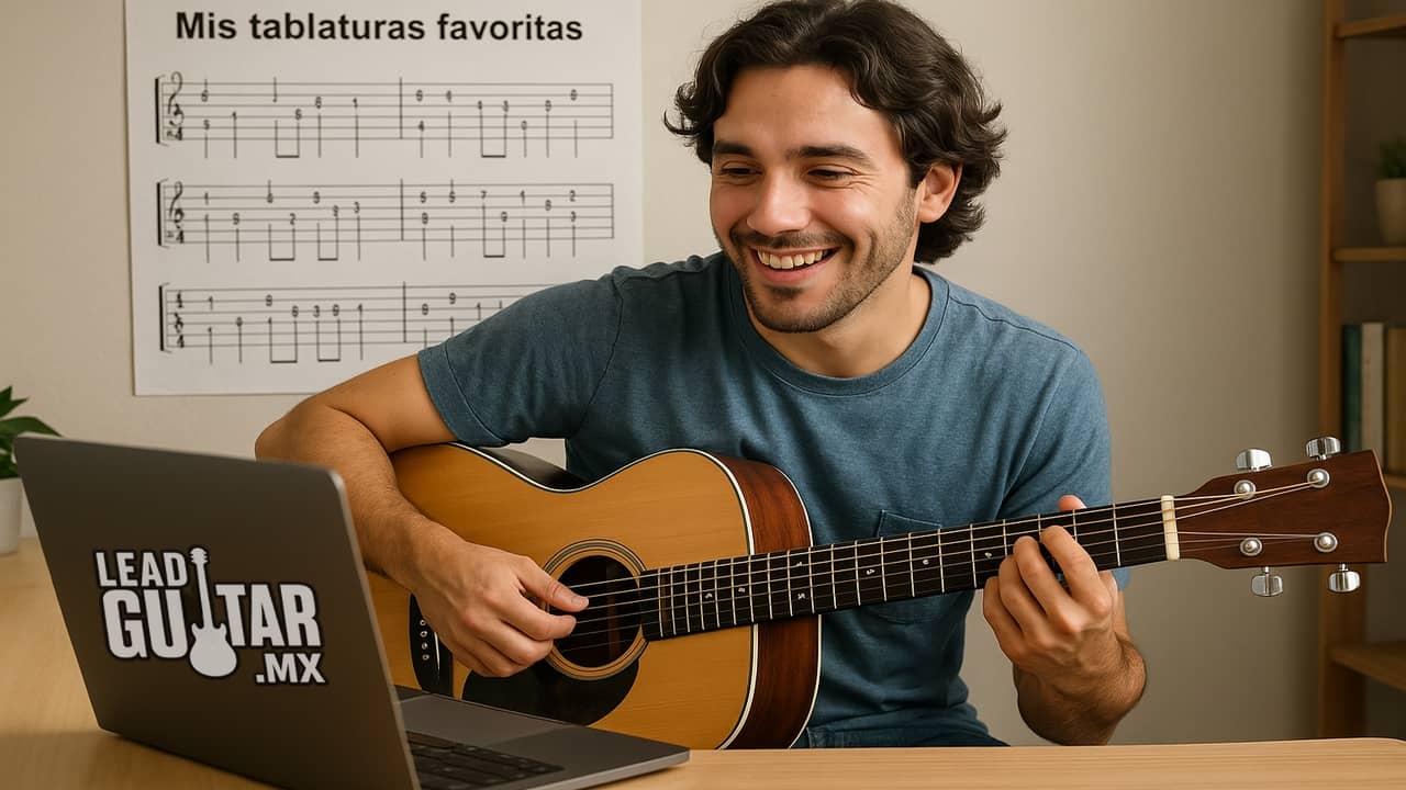 Persona tocando guitarra acústica revisando tablaturas favoritas en su computadora