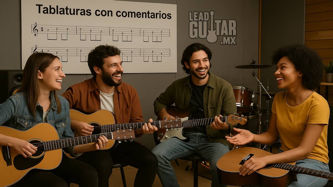 Grupo de músicos conversando y compartiendo ideas en un estudio de grabación con guitarras e instrumentos al fondo