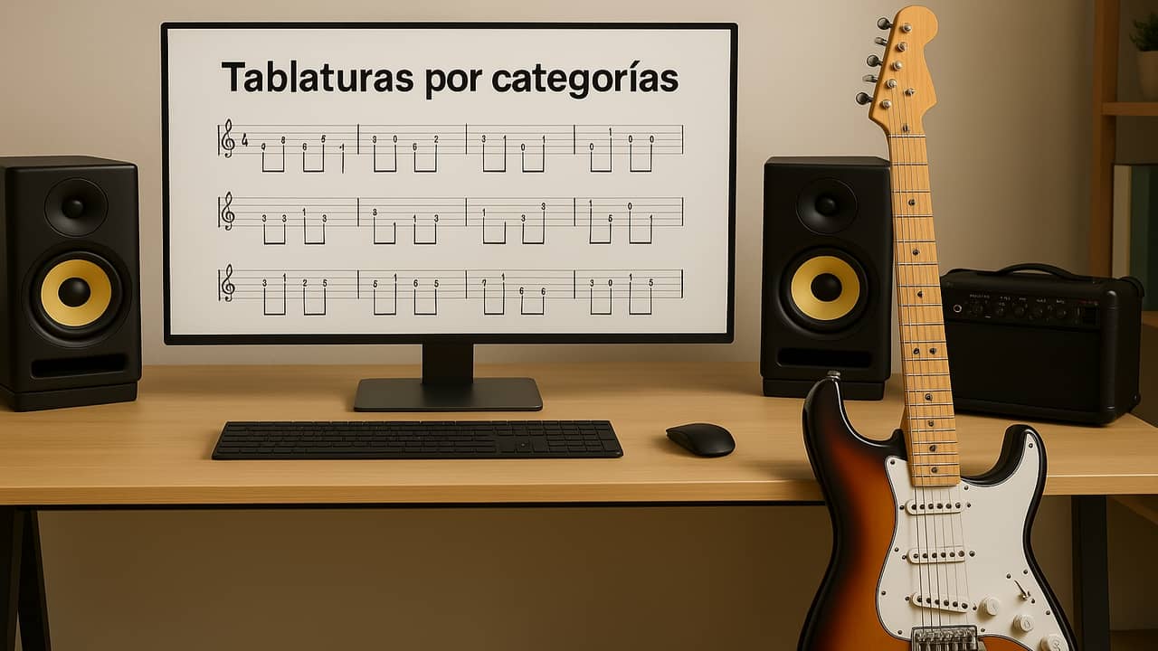 Home studio con guitarra eléctrica, monitor con tablatura abierta y amplificador