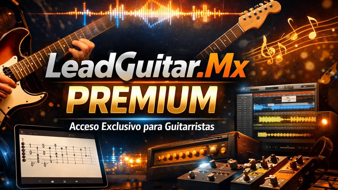 Logo de LeadGuitar.mx Premium con guitarra y texto 'Acceso Premium' sobre fondo oscuro con guitarra eléctrica