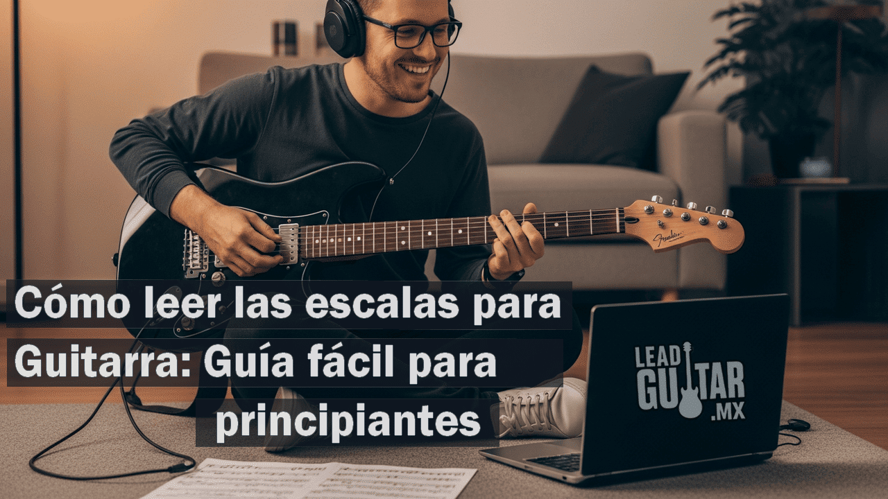 Joven principiante sentado en su habitación con guitarra en mano, frente a una laptop practicando escalas. Imagen educativa con el texto “Cómo leer escalas en guitarra: Guía fácil para principiantes”, ideal para ilustrar tutoriales y lecciones online sobre escalas de guitarra y aprendizaje en casa.