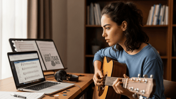 Joven aprendiendo a leer escalas para guitarra frente a su ordenador portátil, con su guitarra en mano