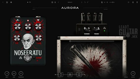 Pantalla del simulador de amplificador Nosferatu con secciones de stomp, drive y gabinete para guitarra